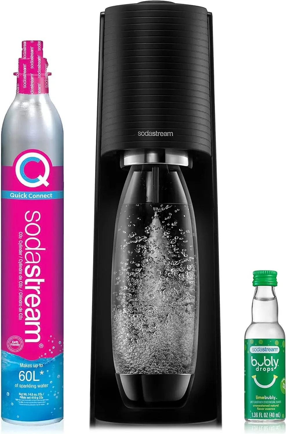 

SodaStream Terra Sparkling Water Maker (Black) with CO2, DWS Bottle and Bubly Drop, Battery Powered