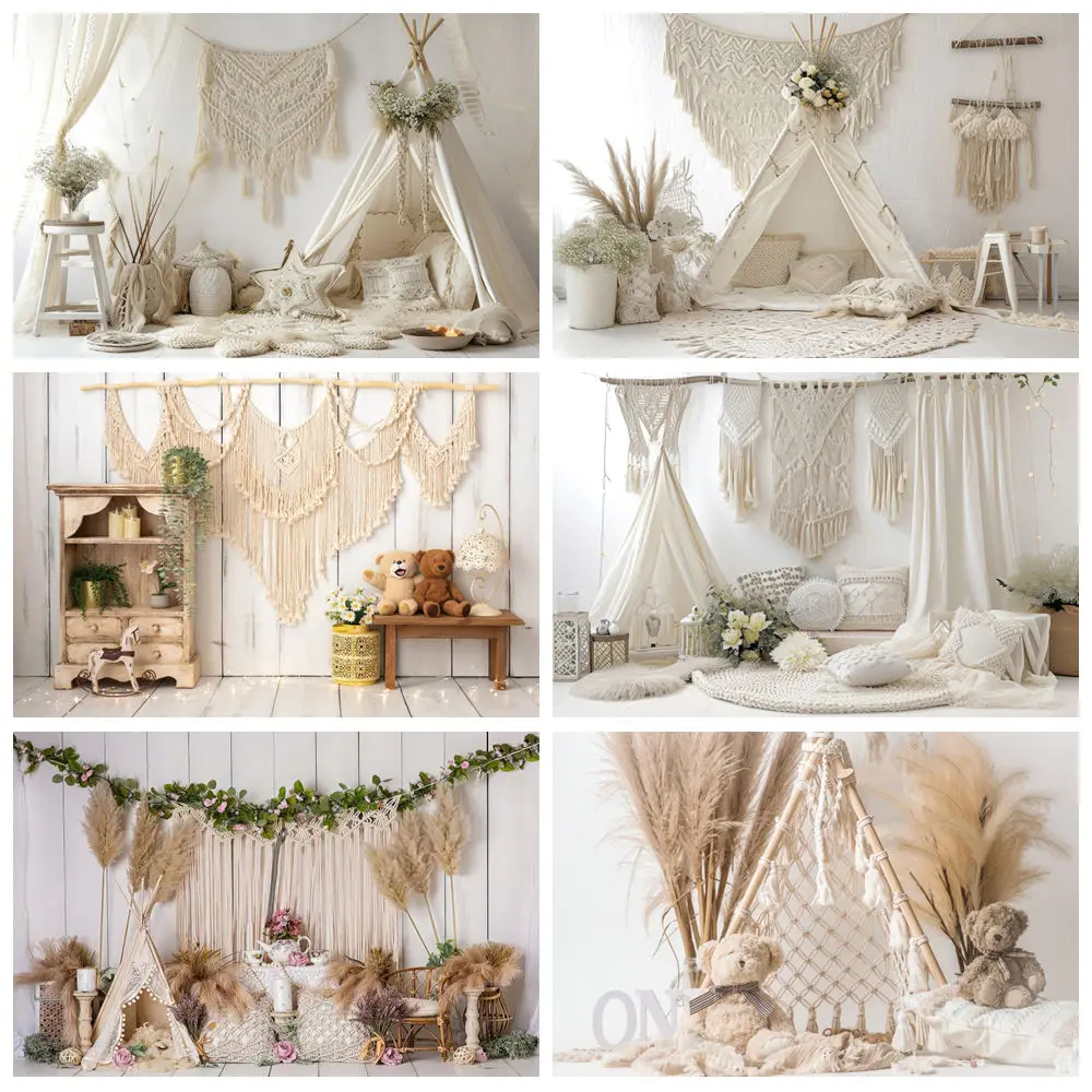 

Bohemian Poise Photography Backdrop Boho White Tent Tassels Spring Flowers Baby Showr Birthday Party Cake Smash Decor Background