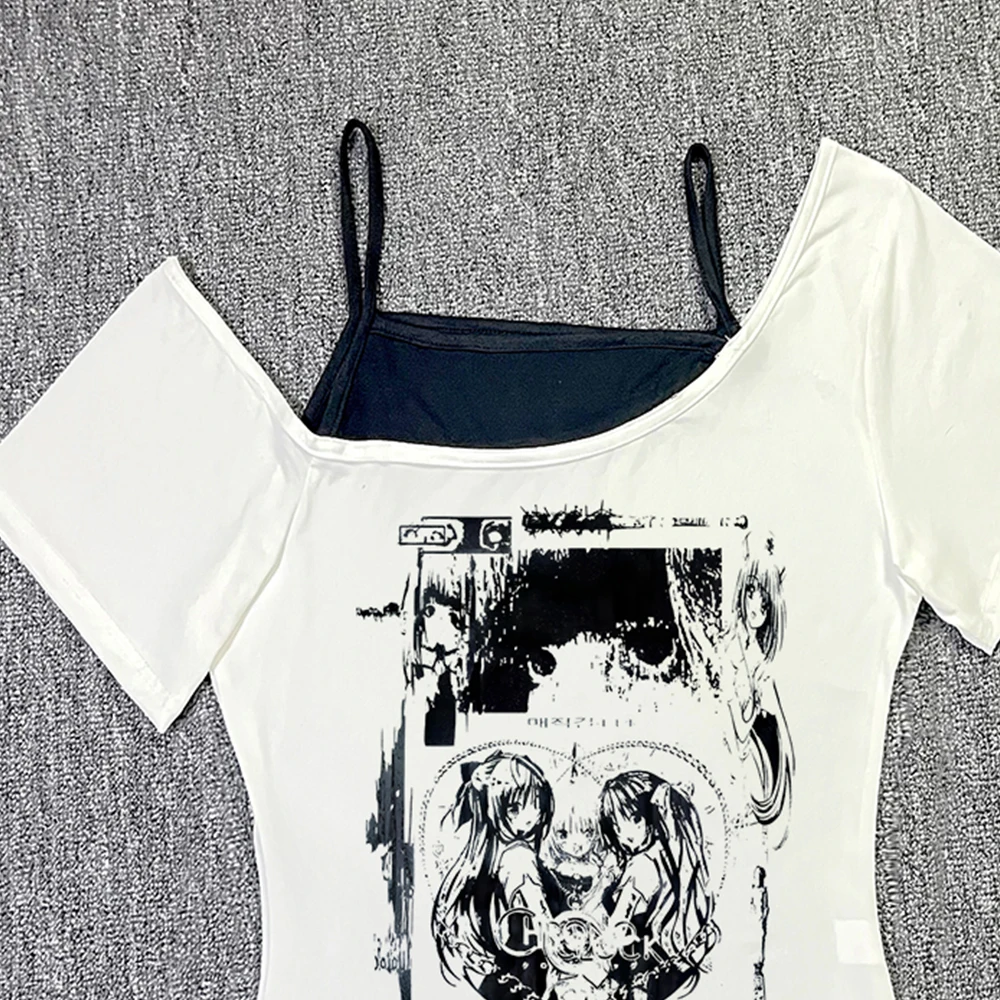 Tops de los años 2000, camisola gótica de ocio, Tops cortos Grunge con estampado de Chica de Anime, ropa Y2k, camiseta sin mangas Vintage para mujer, camisetas ajustadas para bebé