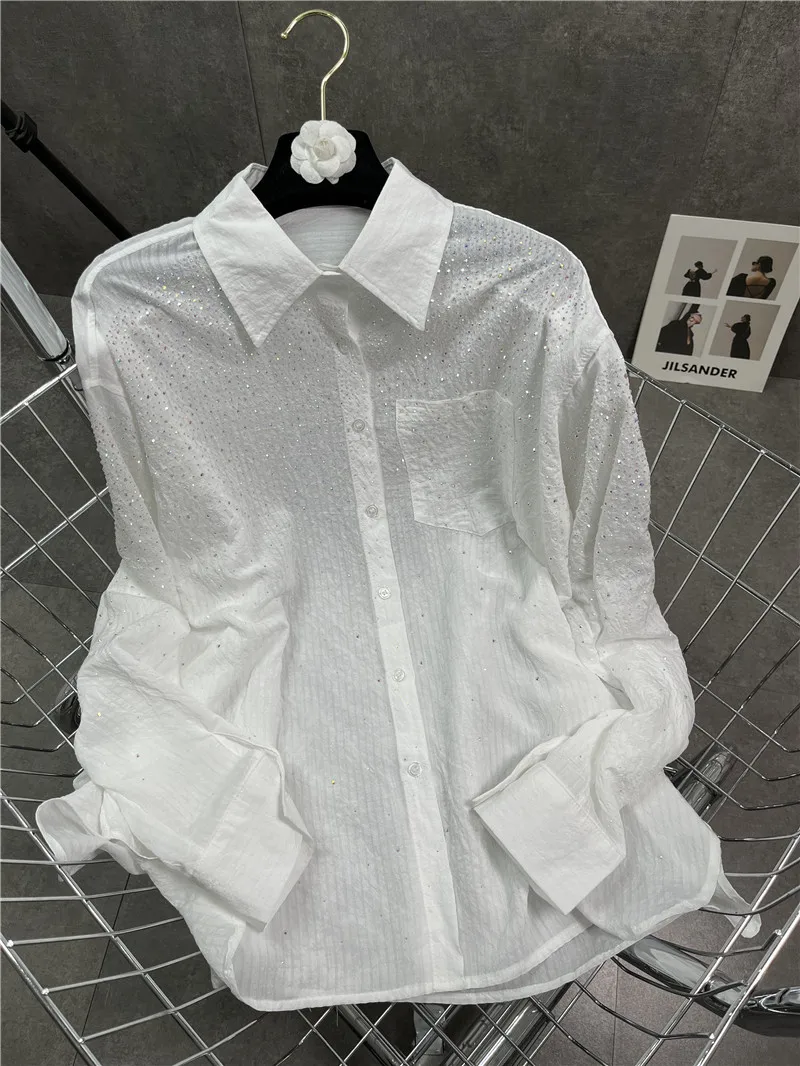 Shiny Hot Drilling Women Blouses 2023 New Summer Vertical Bar Diamonds White Tops All-match Loose Long Sleeve Sunscreen Shirt