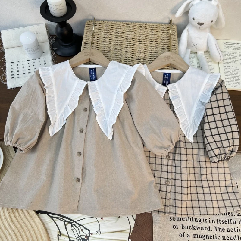 

2025 New Autumn Girls' Lace Collar Stylish Cotton Single Breasted Decorative Dress
