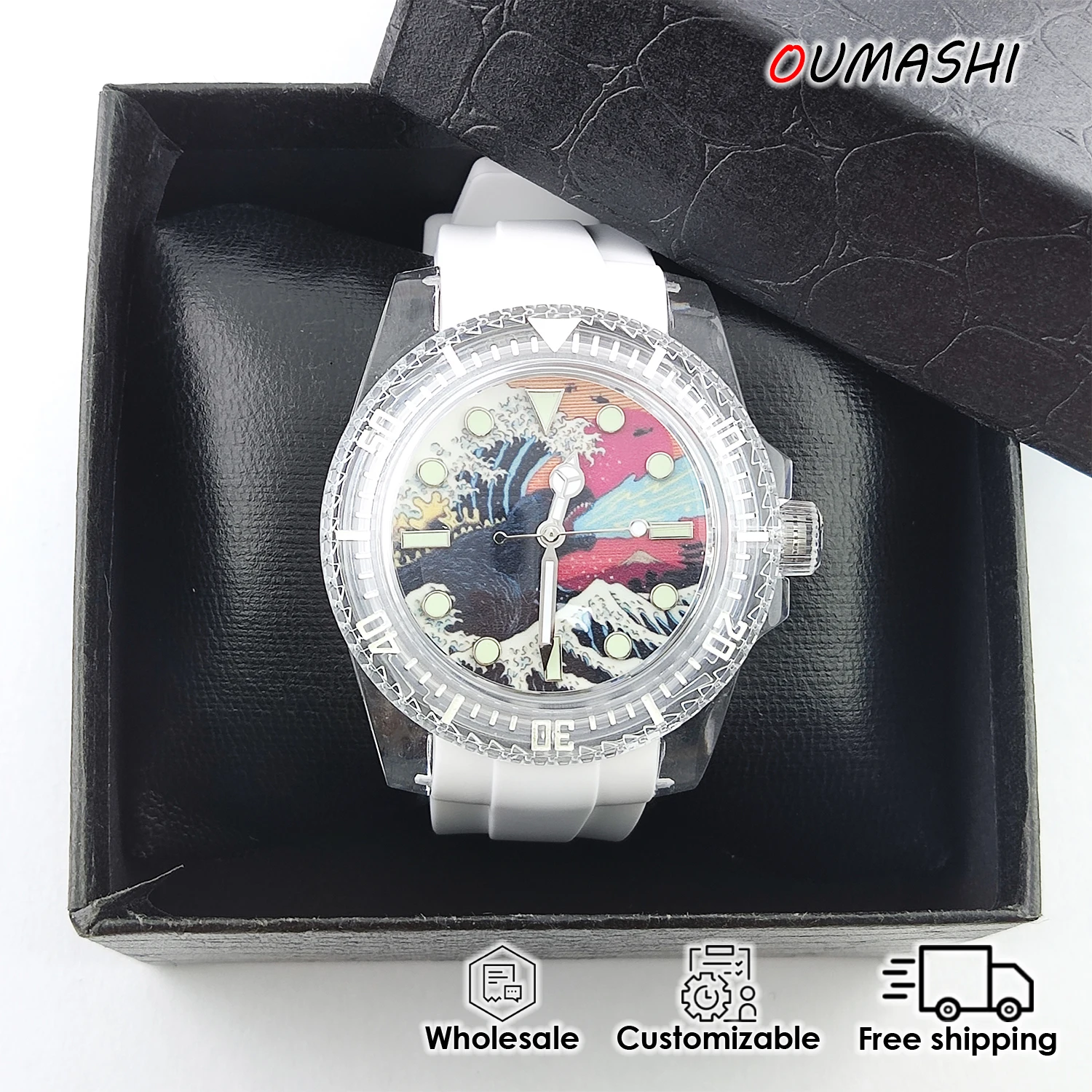 39mm Automatic Watch for Men Fashion Transparency Case 3ATM waterproof Full Luminous Kanagawa Dial Customizable Men's Watch
