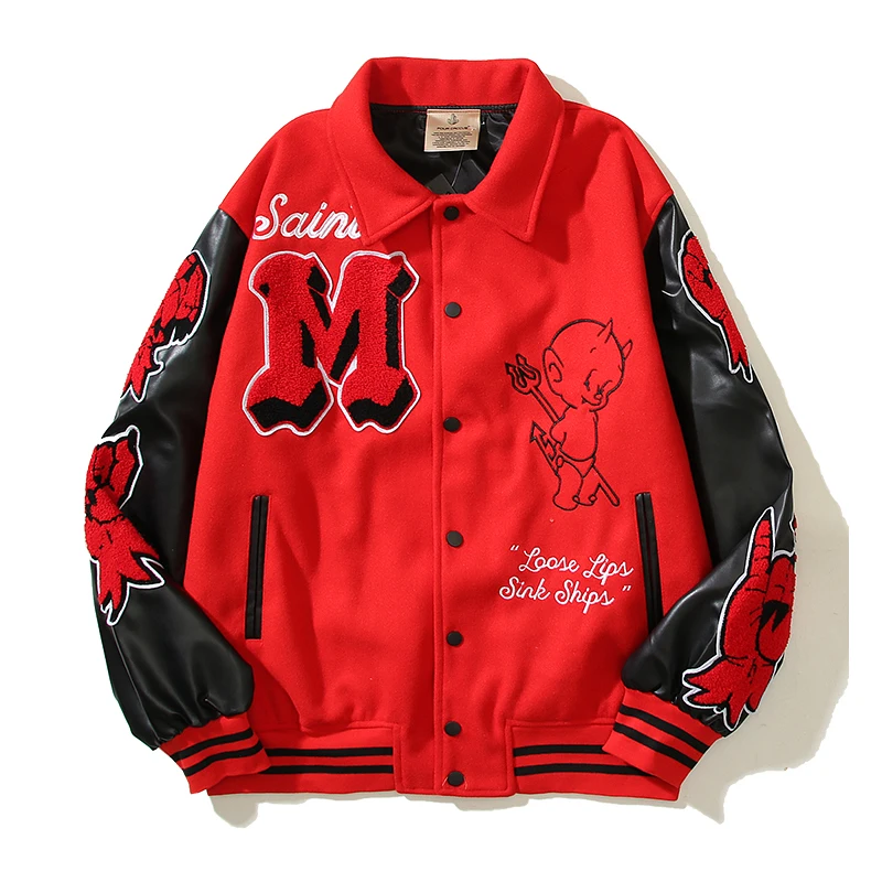 

Cactus Jack Hip Hop Saint Hell Devil Striped Baseball Jacket Men Cartoon Patches Embroidery Pilot Jacket Coat Winter Clothes Y2k