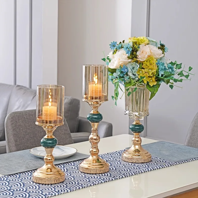 

European Luxury Romantic Dinner Metal Glass Candle Holder Home Decoration Diner Table TV Cabinet Dry Flower Glass Vase Ornaments