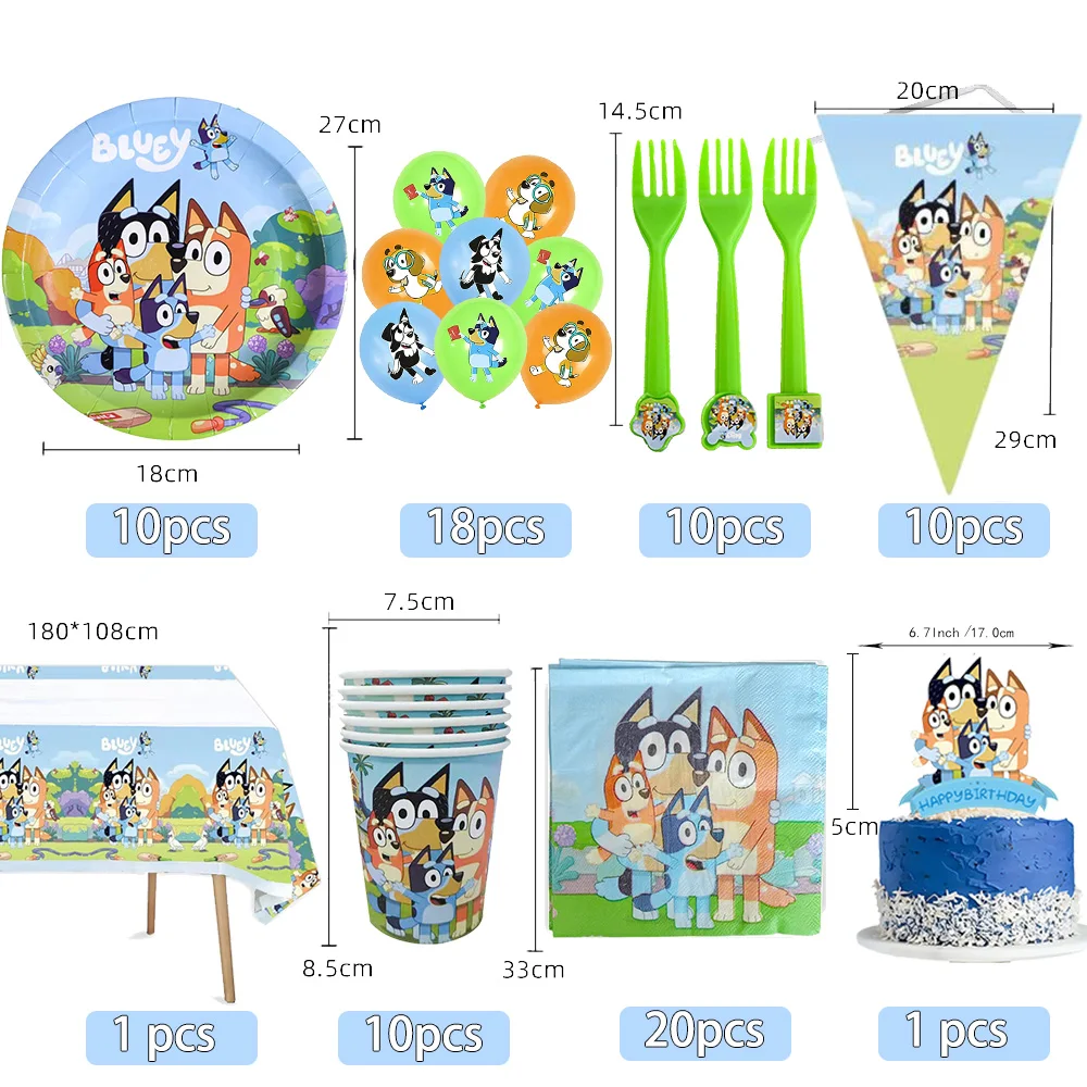 Décoration de fête d'anniversaire Bluey, thème chien bleu, assiettes, nappes, serviettes en papier, ballons, cadeaux d'anniversaire pour enfants, baby shower