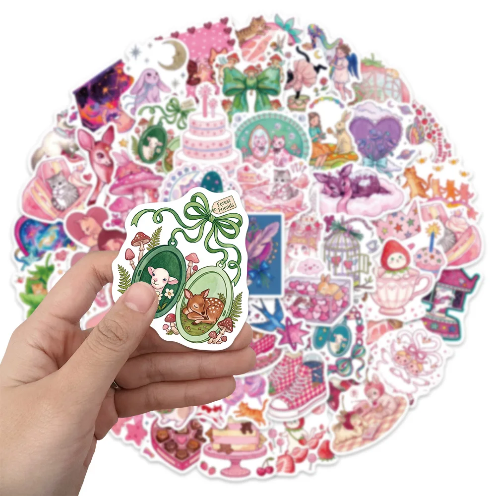 50PCS Creative Pink Fairy Tale Cartoon Decoration Small Animal DIY Hand Account Phone Case Postcard Notebook Water Cup Sticker