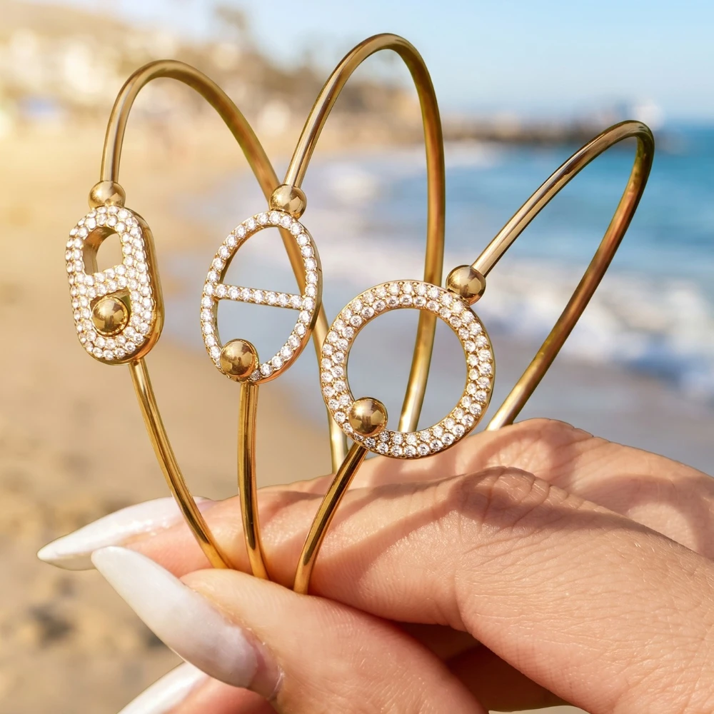 Stainless Steel Open Cuff Bangle Statement 18K Gold Plated Inlaid Zircon Oval Circle Pig Nose Cuff Bracelet Adjustable Bangles