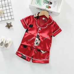 Baby Boys Girls Ice Silk Pajamas Sets 2024 Summer Kids Mickey Mouse Silk Satin Short Sleeve+Shorts 2Pcs Children Home Nightgown