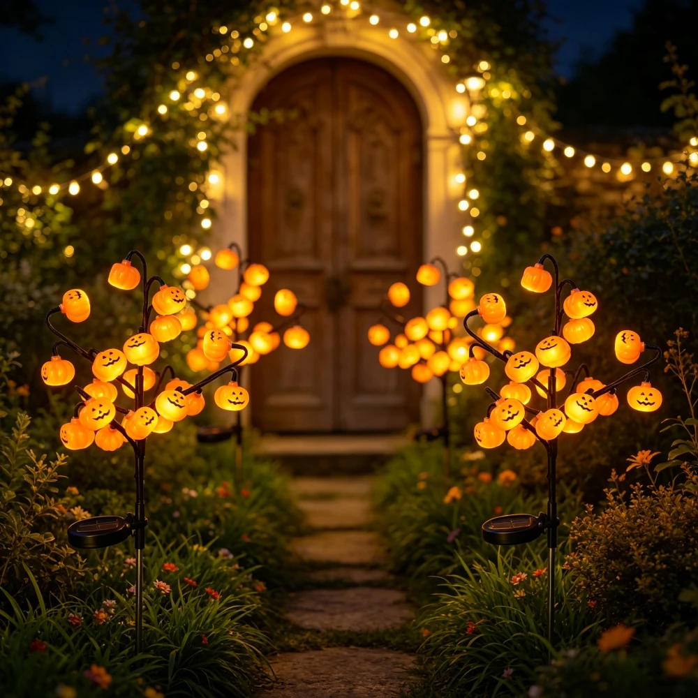 20LED Halloween Outdoor Solar Pumpkin Tree Stake Lights, Waterproof LED Ground Stake Light for Holiday Garden Yard Pathway Decor