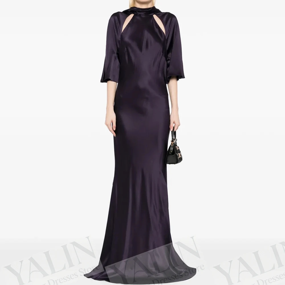 

Women's A-line Evening Dresses Floor-length High-neck Three Quarter Sleeve Prom Gown Simple Fashion Draped Customized Gowns