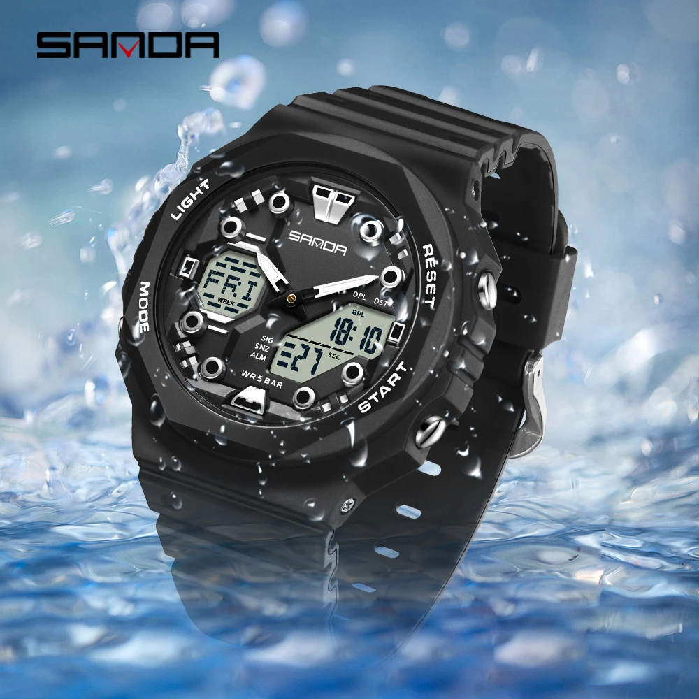 SANDA 6200 style Digital Men Watch Countdown Stopwatch LED Light Electronic Outdoor Military 5Alarm Waterproof Quartz Wristwatch