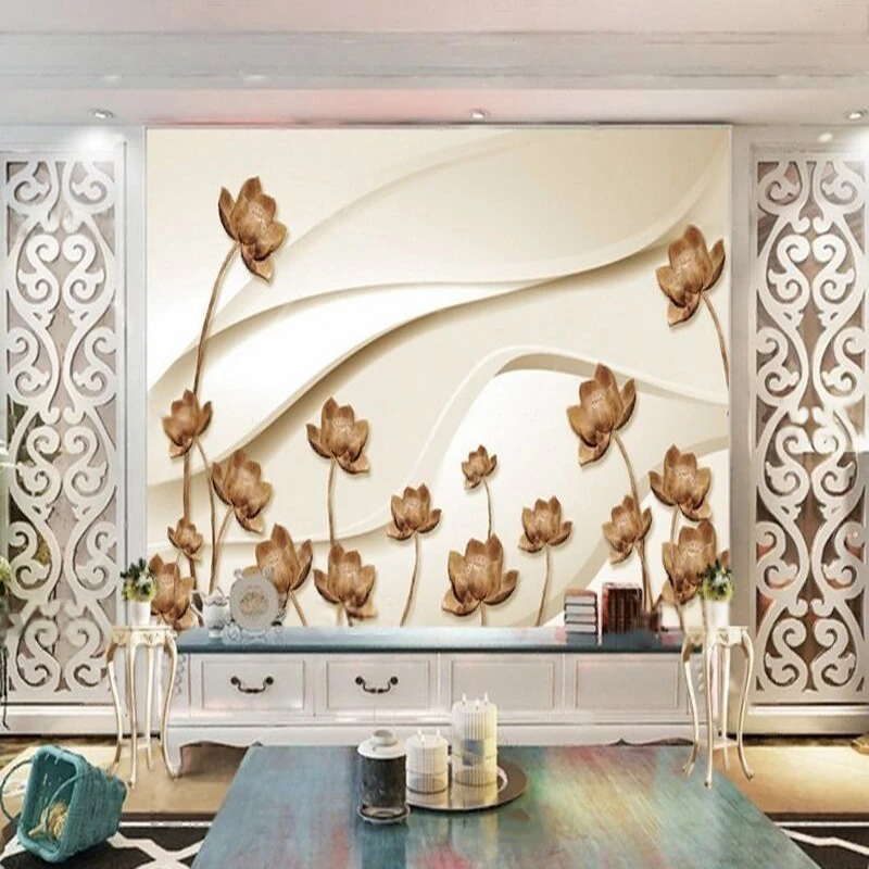 Beautiful And Simple Relief 3D Three-Dimensional Painting Of Lotus Flowers On Marble For TV Bedroom Wall Sticker Background Wall