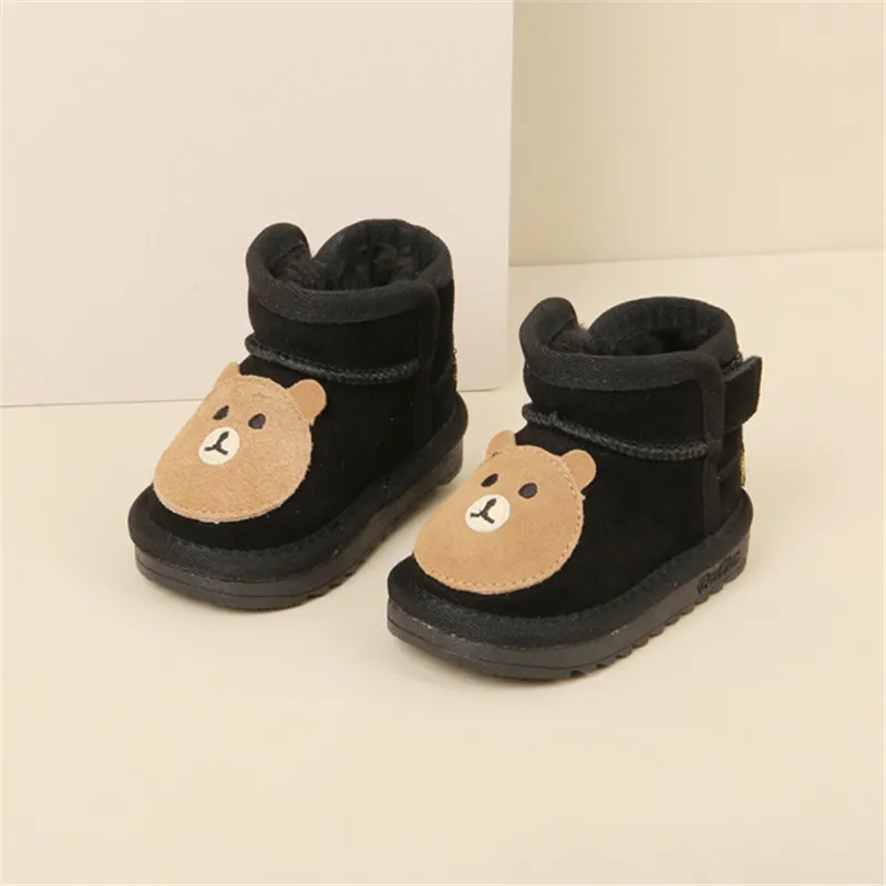 2023 New Winter Baby Boots Leather Cute Bear Pattern Boys Shoes Warm Plush Soft Sole Fashion Toddler Girls Snow Boots 15-25