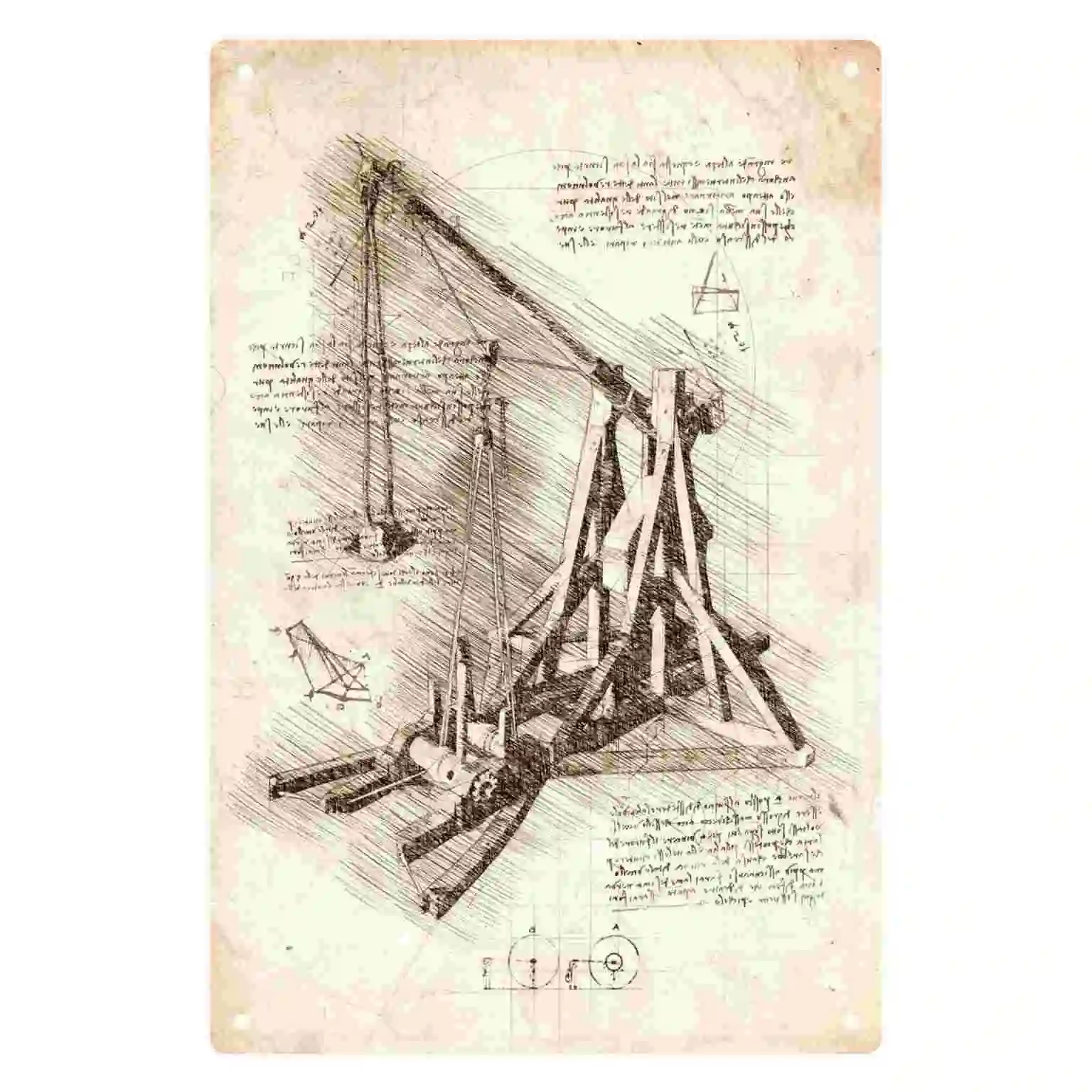 2D FLAT 1pc Vintage Leonardo Da Vinci Catapult Blueprint Metal Wall Sign Decoration for Home Cafe Garage Bedroom And Garden