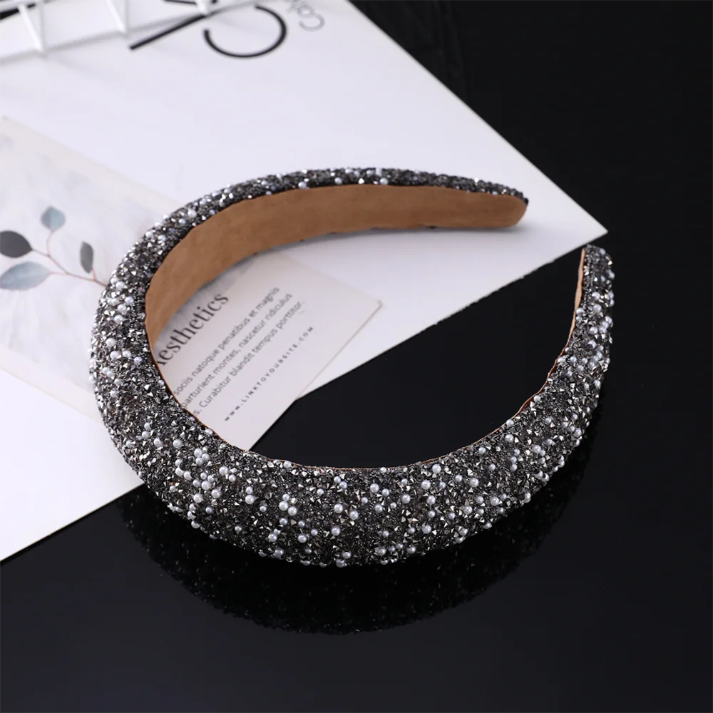 Funkelndes Strass-Haarband Elegante Kristall-Perlen-Haarbänder Breite Dicke Schwamm-Haarreifen Mädchen-Haaraccessoires Großhandel – Detail 10