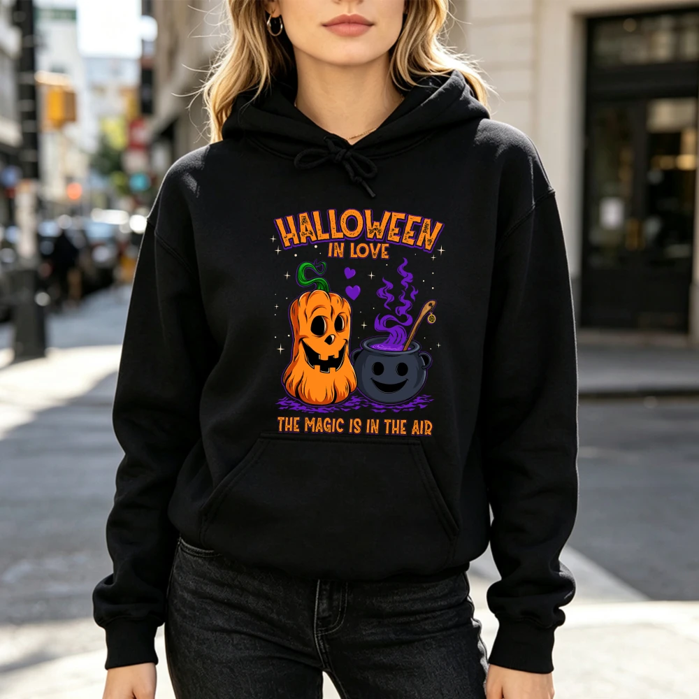 Halloween in Love Pumpkin Cauldron Printed Women Pink Hoodie Spooky Magic Graphic Sweatshirt Autumn Loose Pocket Outfits Clothes