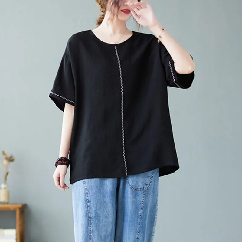 Casual Short Sleeve Pullovers Summer Thin All-match O-Neck Female Clothing Stylish Bright Line Decoration Loose Spliced T-shirt