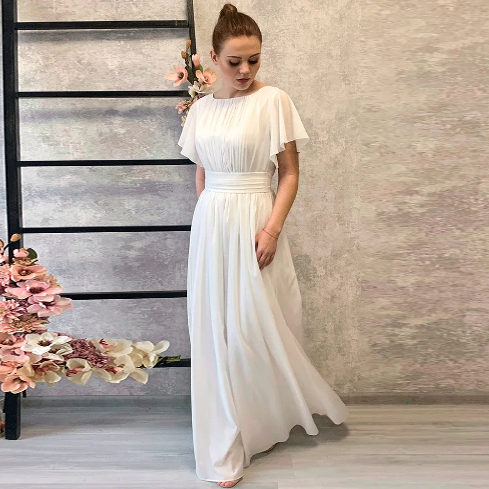 

2022 White Scoop Prom Dresses Short Sleeves A-Line Floor-Length Party Gowns Simple Pleat Chiffon Evening Dress Vestidos