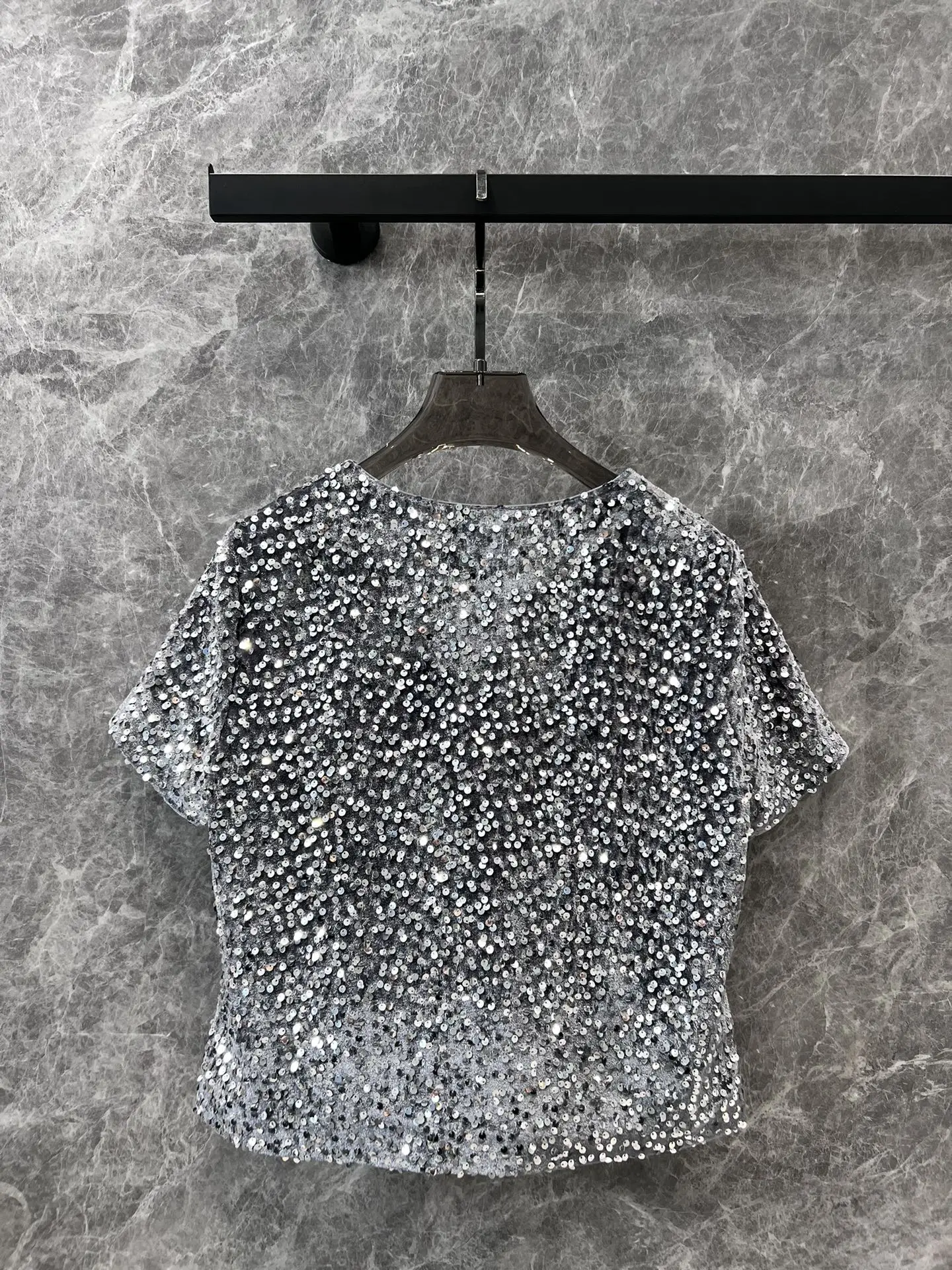 Multi-Layered Sequined Velvet Bottoming Short-Sleeved Top Metal Logo Micro-Label Round Neck Loose Korean Style T-Shirt