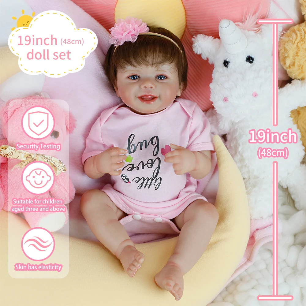 19inch Full Body Soft Silicone Vinyl Reborn Doll Girl Emmy Lifelike Reborn Baby Doll with Handmade Rooted Hair Visible Veins