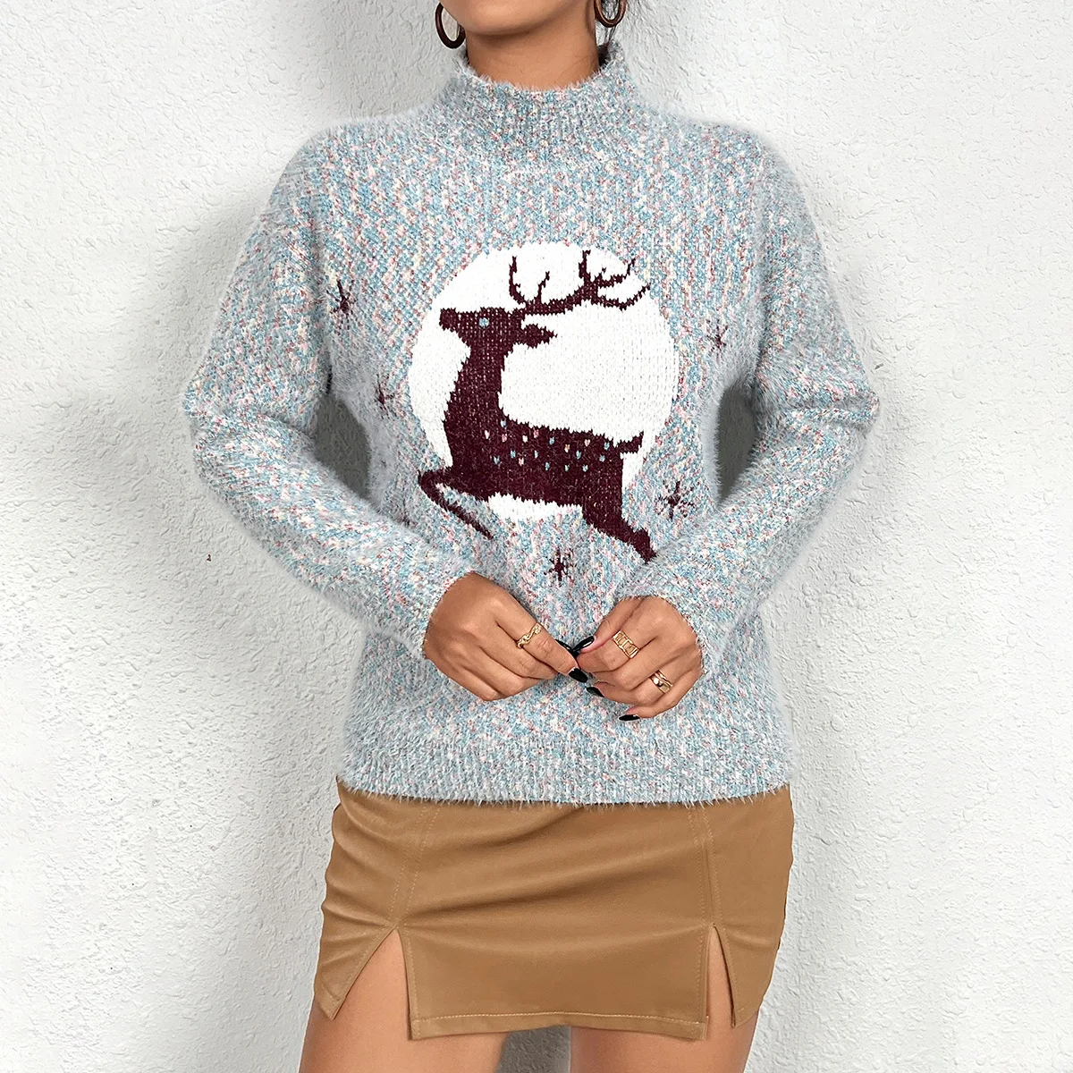 Vintage Herbst Mode Damen Middle High Neck Elk Christmas Fashion Print Pullover Long-sleeved Sweater Осенняя Одежда Для Женщин