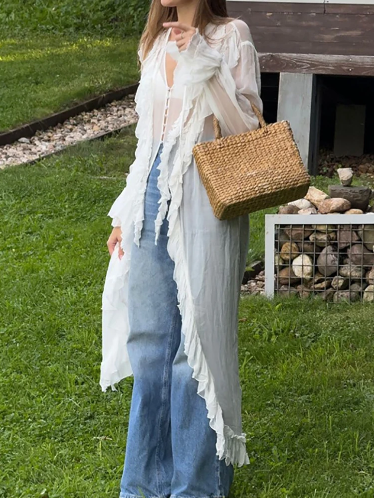 Women's Long Petal Sleeve See through Chic Maxi Dress Spring Summer Lace-Up Fashion Party Dress Elegant Solid 2026 Ladies Dress