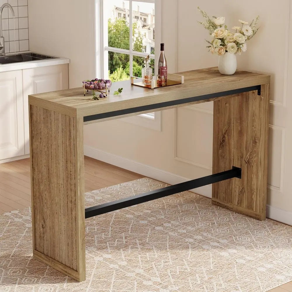 

Bar Table, 55Inch Counter Height Pub Table with Metal Footrest, Rectangular High Top Counter Dining Furniture for Home Bar, Kit