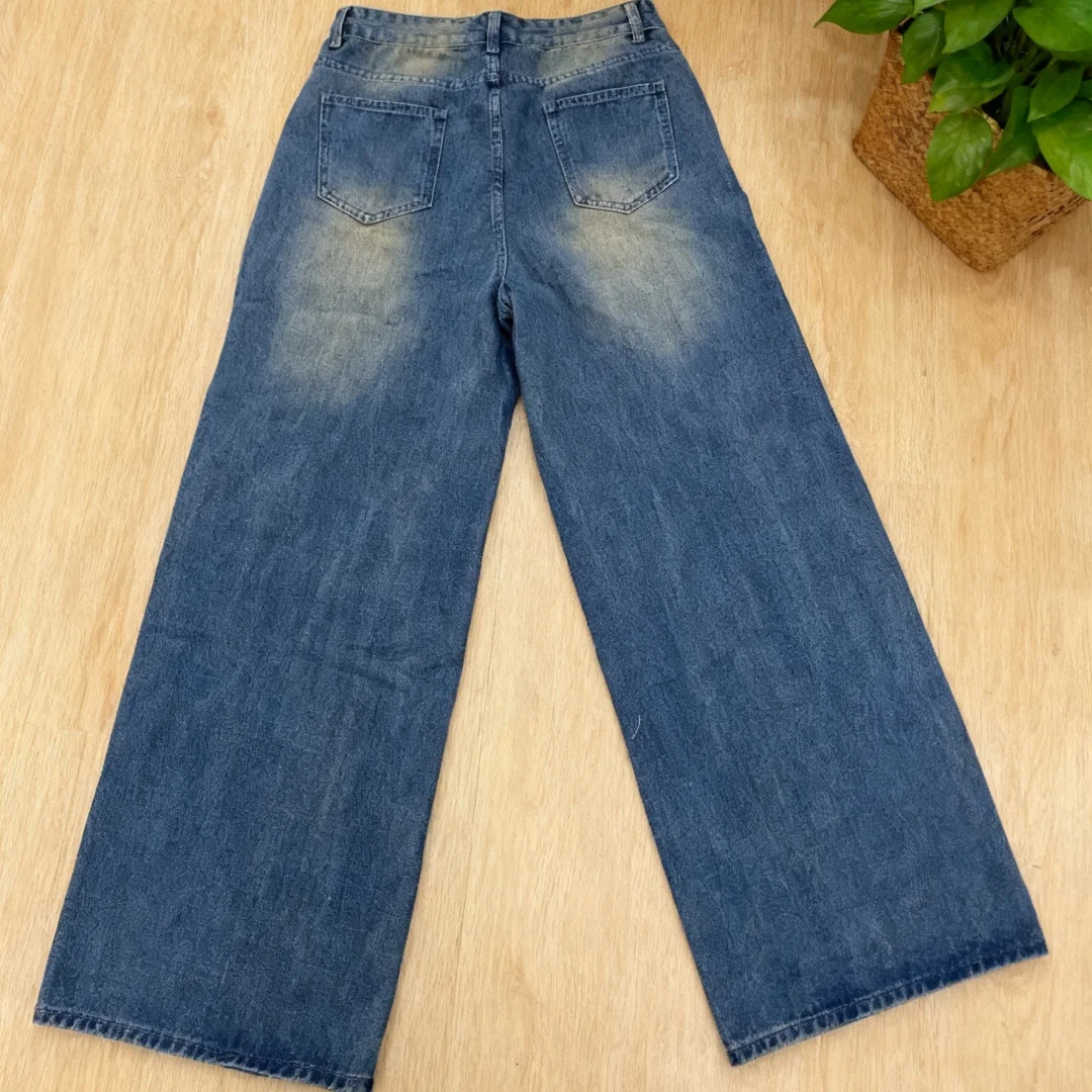 Damskie jeansy w stylu retro z wysokim stanem, ćwiekami, prostym krojem, luźne, wyszczuplające, z szerokimi nogawkami, spodnie do ziemi, styl high-street.