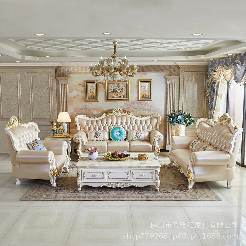 SA-18 High End Luxury European Living Room Leather Sofa Solid Wood Carved Flower First Layer Cowhide Sofa Furniture