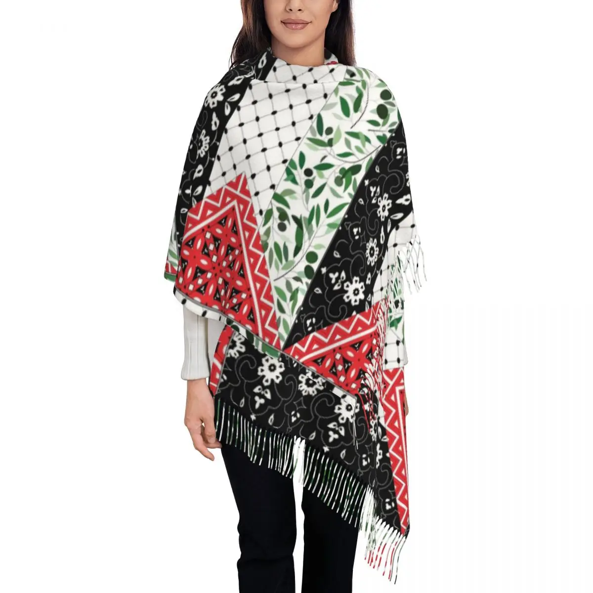 Women\'s Scarf with Tassel Palestinian Flag Olives And Keffiyeh Long Winter Warm Shawl and Wrap Gifts Pashmina Scarves