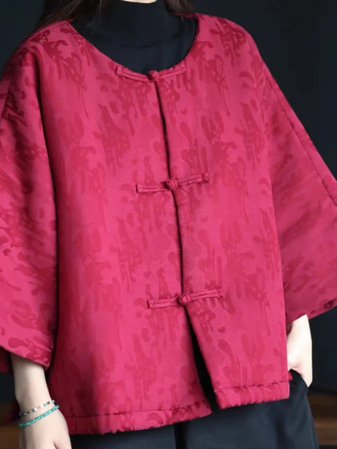 

Retro Button up Cotton Jaet Warm Loose Women's Coat Autumn Winter Thiened Long Sve round Ne ort Sle Faionable