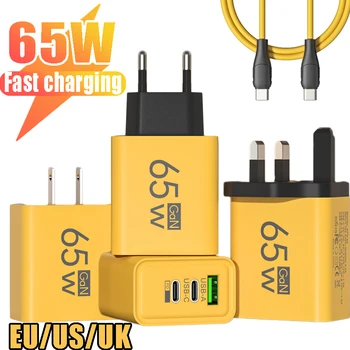 65W hızlı şarj 3 Port tak ab/abd/İngiltere şarj QC 3.0 hızlı şarj adaptörü tipi C veri kabloları IPhone 15 Samsung Xiaomi için