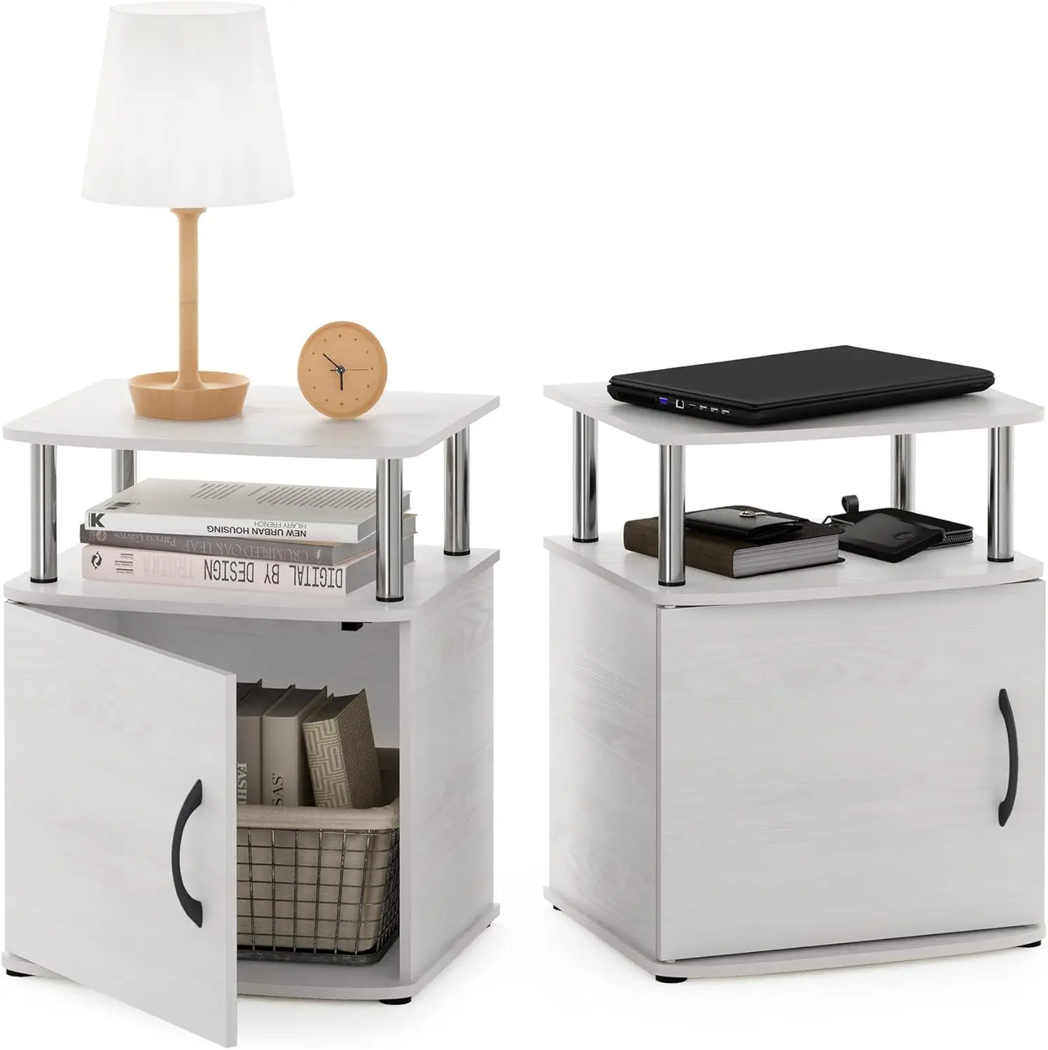 

2-Pack Side Table with Cabinet & Shelf, White Oak/Stainless Steel