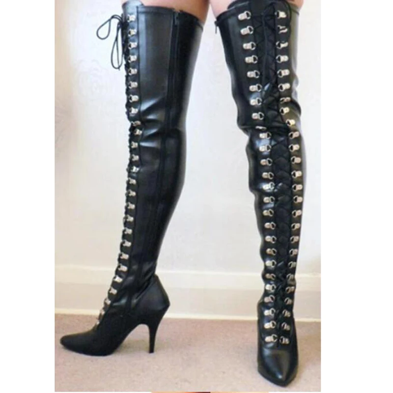 Sexy Black Red White Front Cross-Tied Over The Knee Boots Stiletto High Heels Pointed Toe Zipper Side Stage Botas for Woman