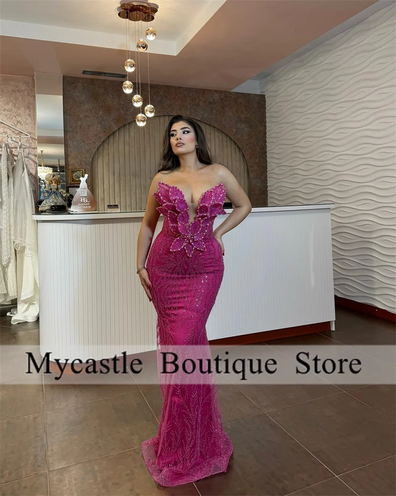 Hot Pink Lace Beaded Mermaid Evening Dresses Women 2025 Elegant Appliques Sweetheart Birthday Party Dress Customized