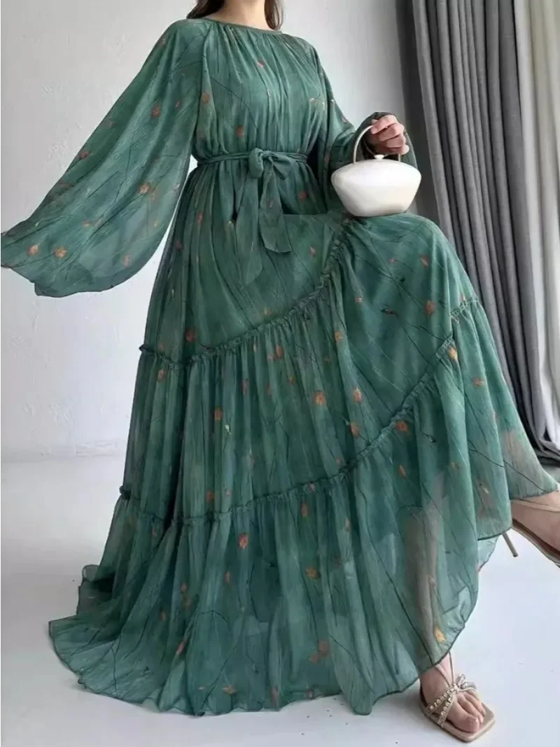 Eid มุสลิม Abaya ชุดผู้หญิงพิมพ์ชีฟอง Sashes Jalabiya Kaftan อิสลาม Vestidos Largo อาหรับยาว Robe Ramadan โมร็อกโก Abayas