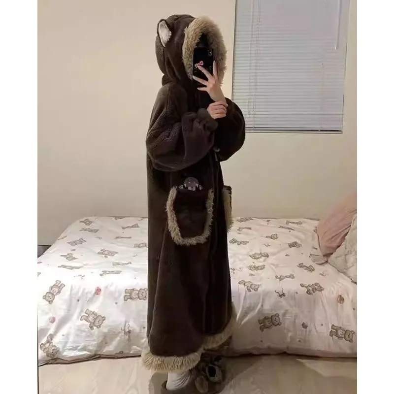 Cute Coral Velvet Hooded Pajamas Long Robes Women Winter Warm Soft Plush Thickened Night Gown Students Kawaii Homewear Bath Robe