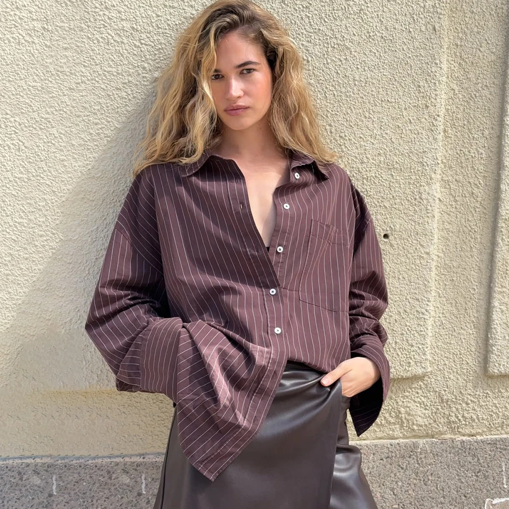 

Ticketsx Autumn Vintage Striped Long Sleeve Turn-down Collar Shirts New Women Casual Loose Single Breast Shirt Office Lady Shirt