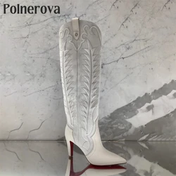 Vintage Washed Denim Western Knee Boots Embroidered Denim Pull-On Boots for Women Pointed Toe Stiletto Designer Handmade Boots