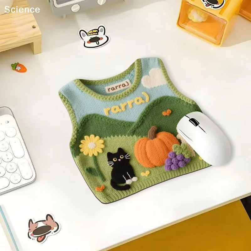 Knitted Mouse Pad With Cute 3D Cat Pumpkin Pattern Non Slip Base For Home Office Desk Aesthetic Decor