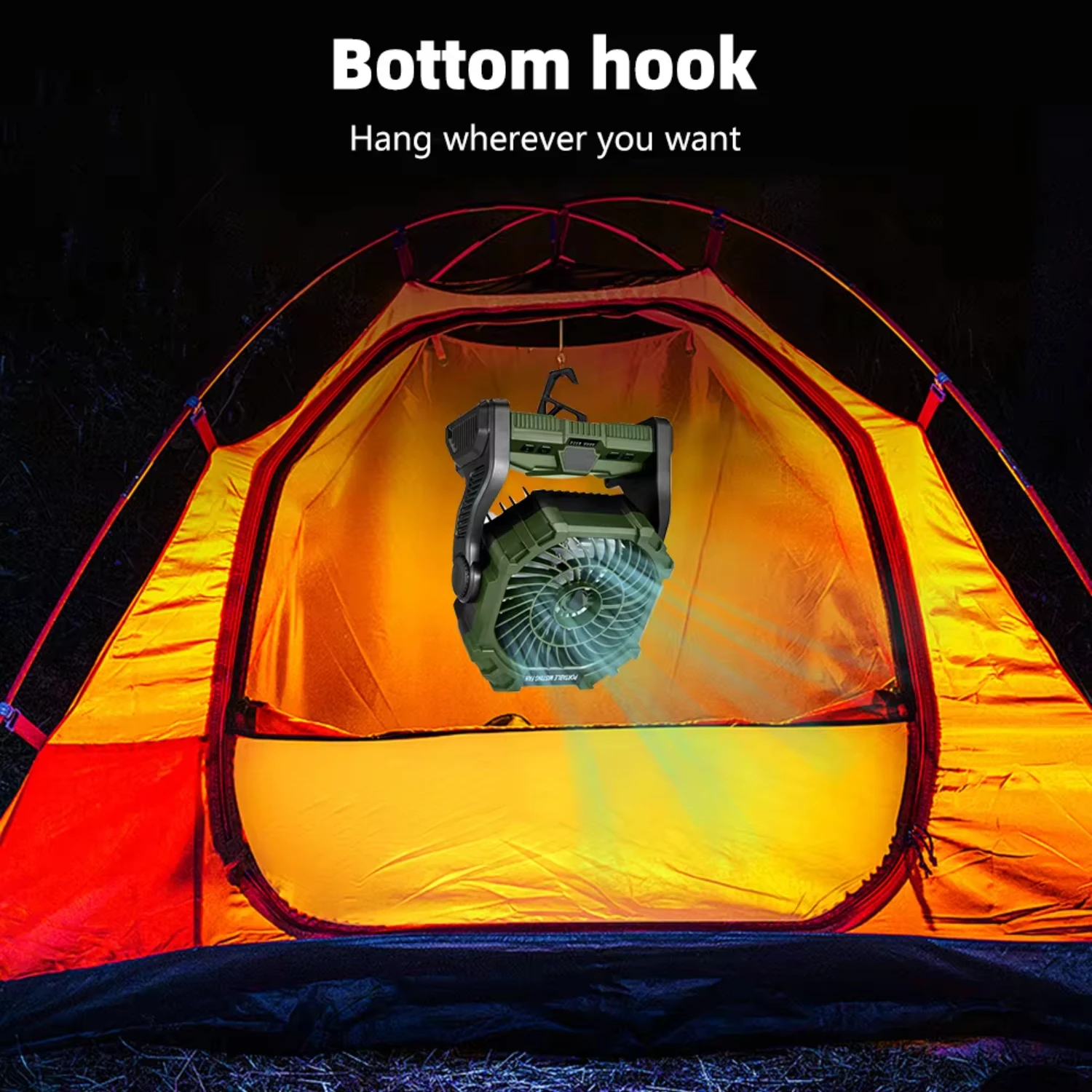 مروحة تخييم لاسلكية 4LED 7 ألوان مروحة تحكم عن بعد خفيفة مع ° خطاف تعليق دوران، مرطب رذاذ محمول