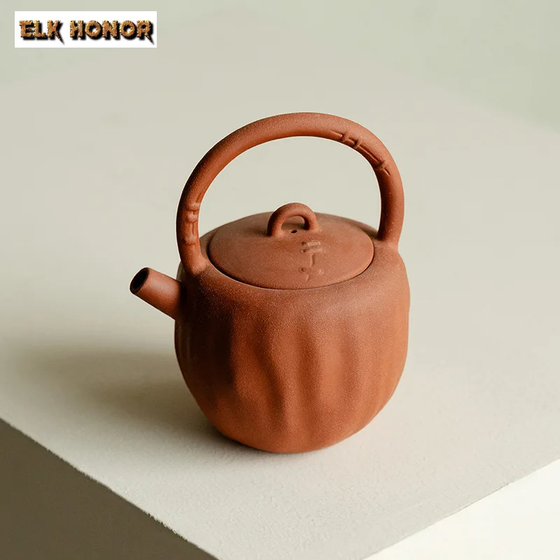 200ml Retro Old Red Pottery Clay Teapot Handmade Curium Nail Lifting Beam Pot Tea Maker Kettle Aesthetic Tea Services Collection