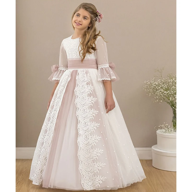 Vestido elegante de encaje de tul para niña, vestido de flores para boda, mangas largas hinchadas 3/4, fiesta de cumpleaños para niños, vestidos de baile de primera comunión