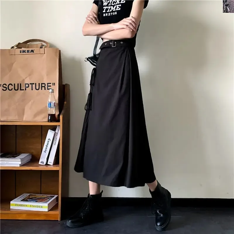 

Side Slit Skirts Women Black Solid Simple Lace-up Design Asymmetrical Niche Korean Style High Waist Young Girls Summer Clothing