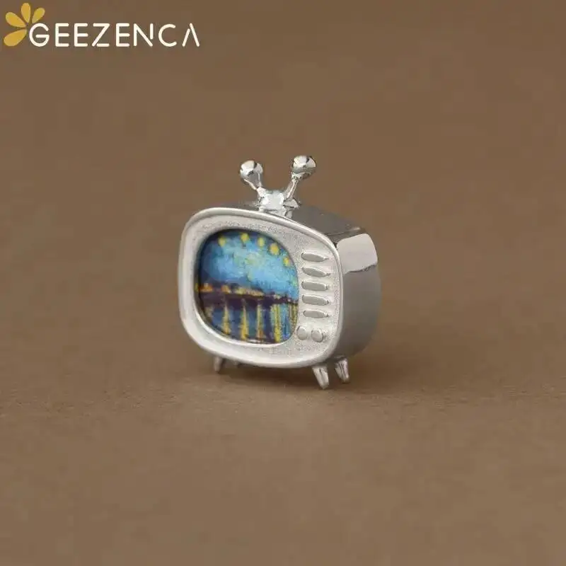 GEEZENCA S925 Silver Small TV Famous Painting Pins For Women Original Design Cute Clothing Accessories Unique Brooches 2023 New