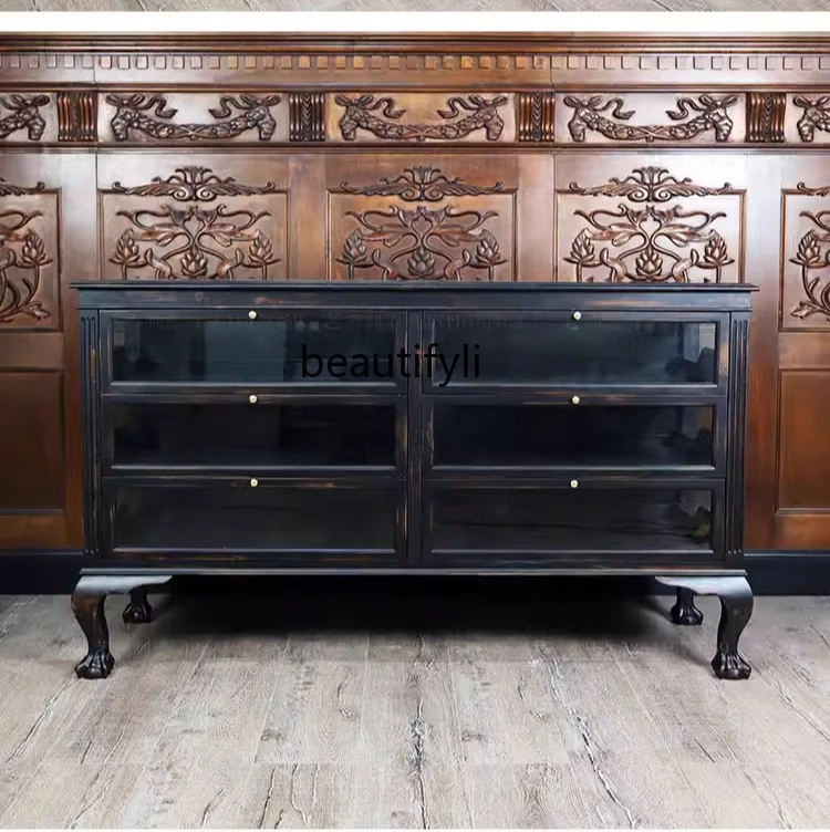 

Art vintage retro custom made sea-style animal legs solid wood mortise and tenon glass decorative cabinet jewelry cabinet