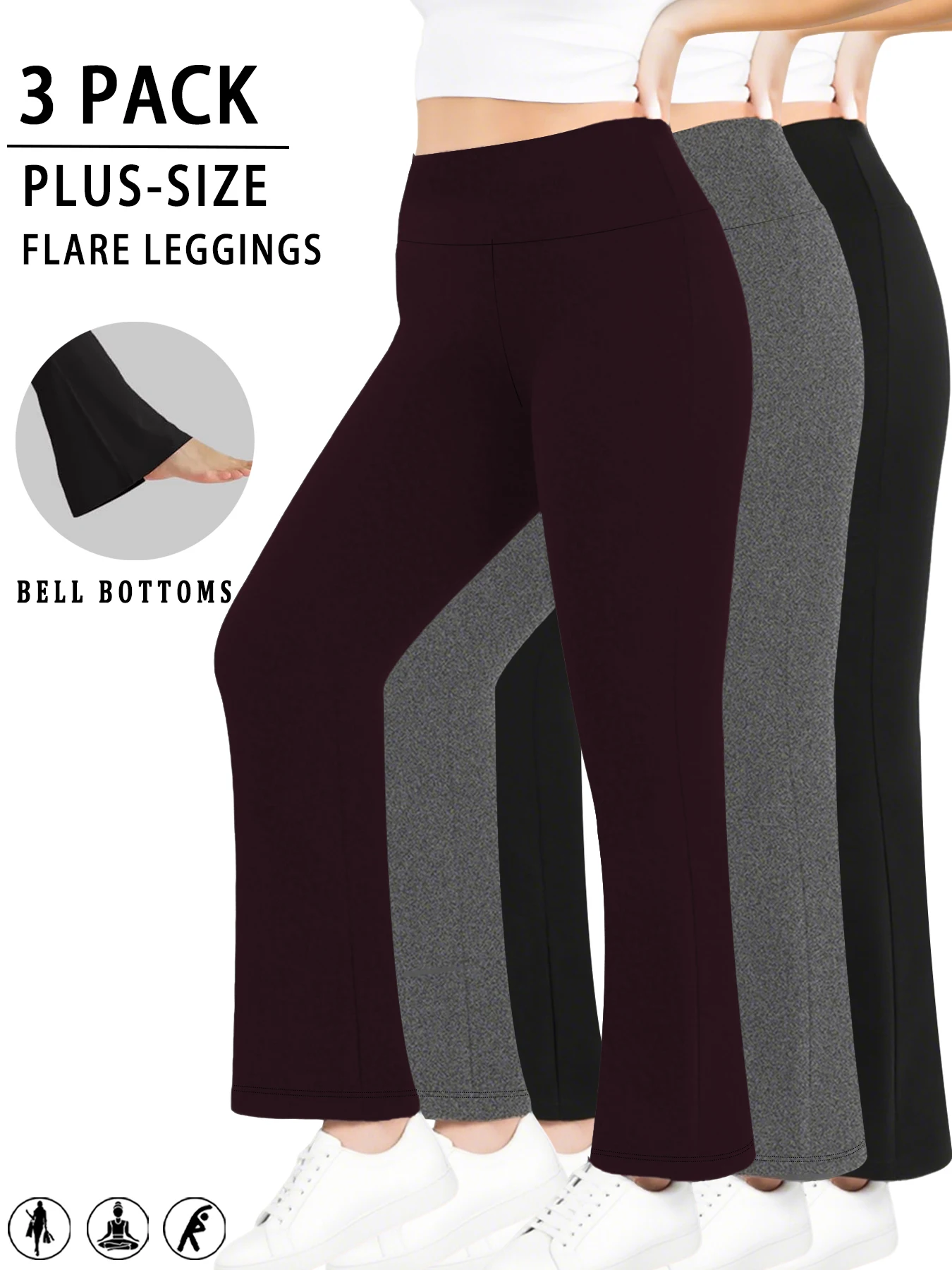 

Комплект из 3 пар женских брюк-клеш больших размеров: супермягкие, с высокой талией, леггинсы с эффектом утяжки живота, мягкие брюки-клеш для бега