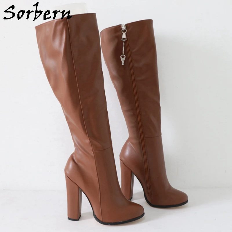 Sorbern Custom Brown Knee High Boots Women Unisex Style Cute Round Toe Block High Heel 14Cm Lockable Zipper Big Size Eu33-48