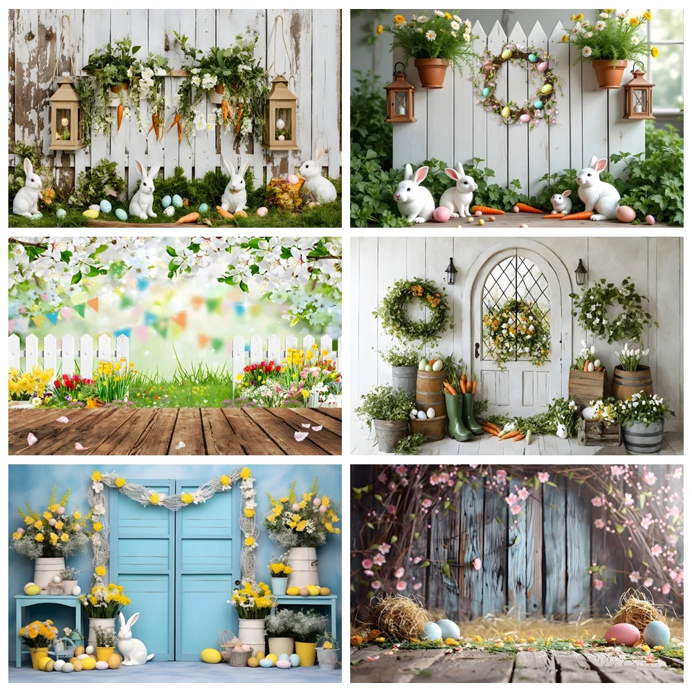 

Spring Easter White Wood Board Backdrop Photography Colorful Eggs Garland Rabbit Flowers Easter Children Party Decor Background