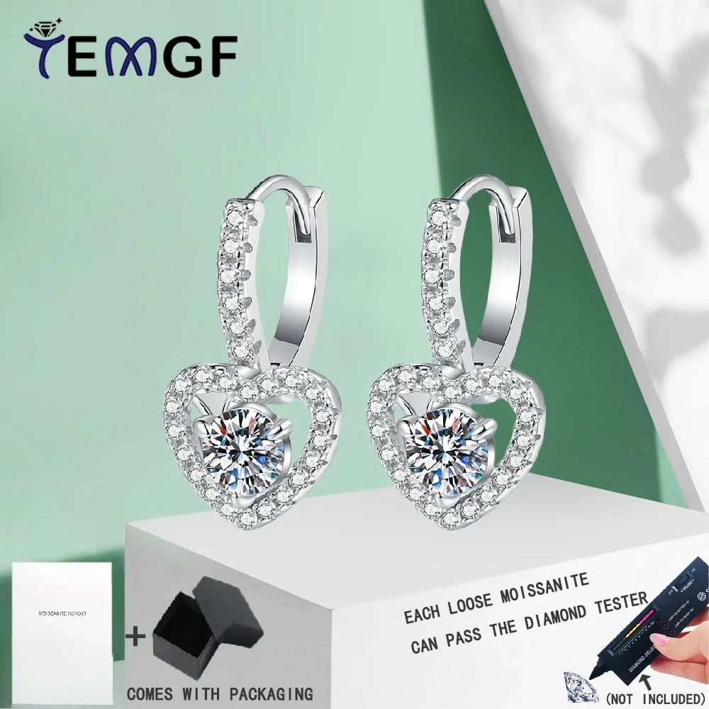 

TEMGF 5mm Moissanite/Zircon Drop Earrings 925 Sterling Silver Heart-shaped Pendant Ear Studs for Women Luxury Fine Jewelry Gift